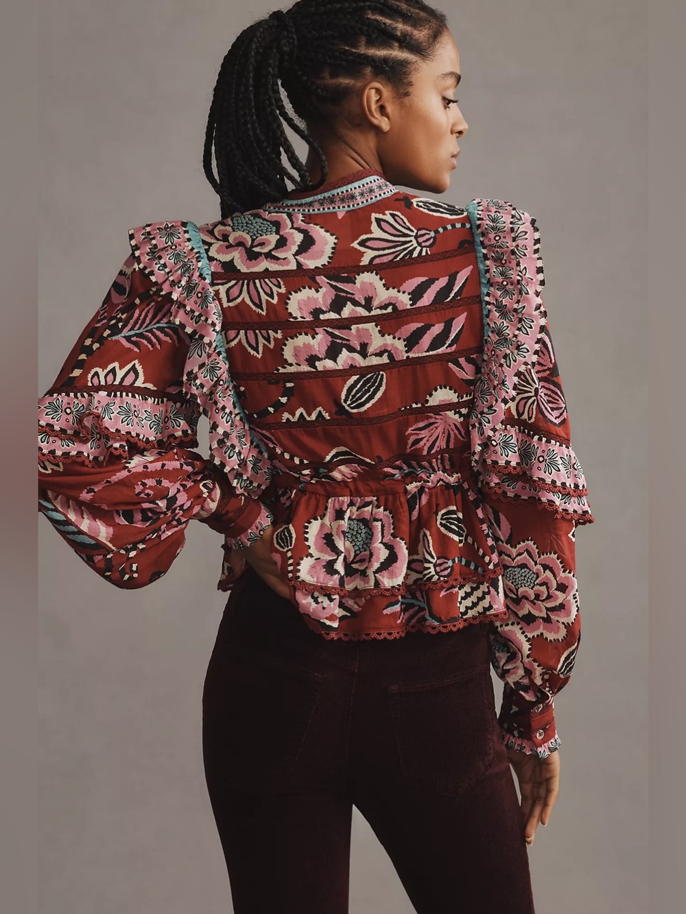 FARM Rio Boho Floral Ruffle Peplum Top - Burgundy Pink - Picture 2 of 11